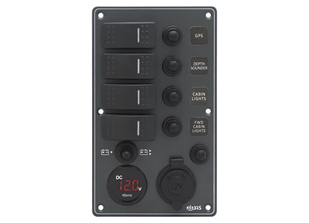 Black Electrical Panel with 4 switches Battery Tester and 12V plug 114 x H191mm