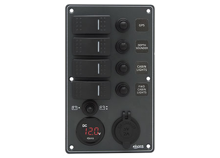 Black Electrical Panel with 4 switches Battery Tester and 12V plug 114 x H191mm