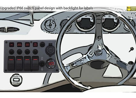 Black Electrical Panel with 4 switches Battery Tester and 12V plug 114 x H191mm