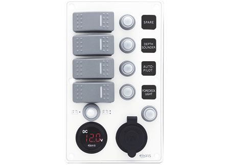 White Electrical Panel with 4 switches Battery Tester and 12V Plug 114 x H191mm