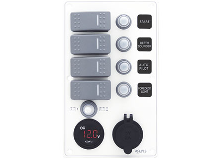 White Electrical Panel with 4 switches Battery Tester and 12V Plug 114 x H191mm