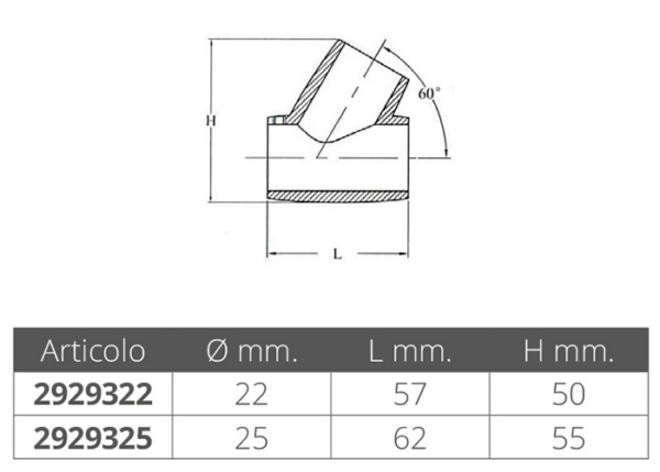 T Joint Tilted 60° D22mm Stainless Steel