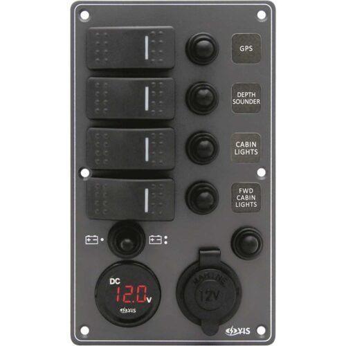 Black20Electrical20Panel20with20420switches20Battery20Tester20and2012V20plug2011420x20H191mm Black Electrical Panel with 4 switches Battery Tester and 12V plug 114 x H191mm