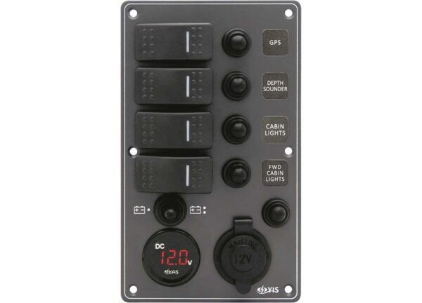 Black Electrical Panel with 4 switches Battery Tester and 12V plug 114 x H191mm