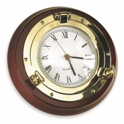 Orologio20Oblo Polished Brass Clock on Mahogany Base 230mm