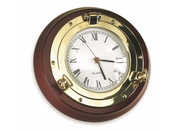 Orologio20Oblo Polished Brass Clock on Mahogany Base 230mm