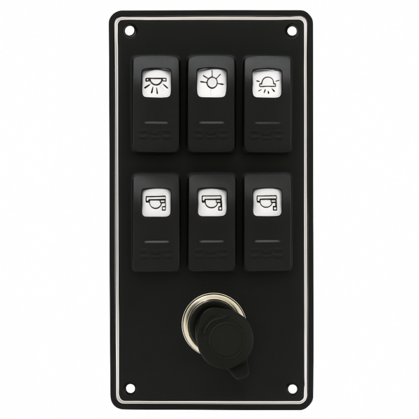 Electrical panel Black Sea with 6 Led switches and 12V lighter socket 102 x H205mm
