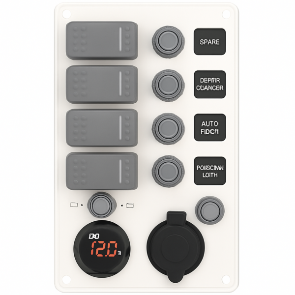 White Electrical Panel with 4 switches Battery Tester and 12V Plug 114 x H191mm