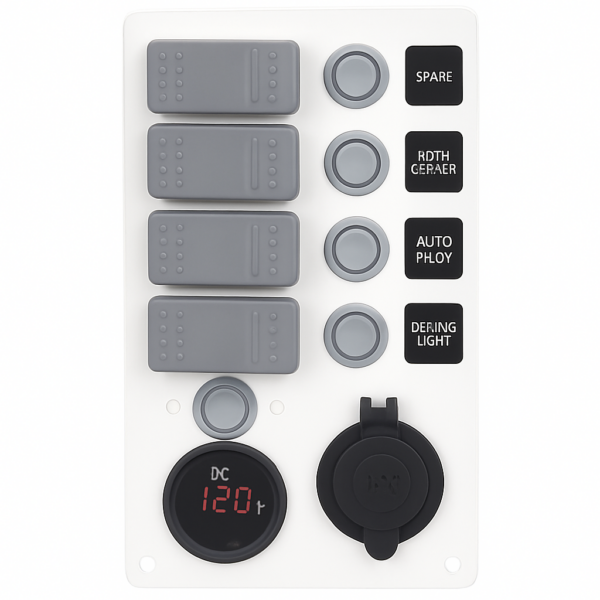 White Electrical Panel with 4 switches Battery Tester and 12V Plug 114 x H191mm