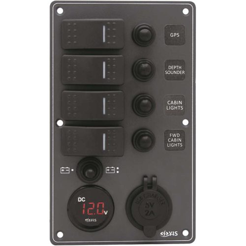 Black20Electrical20Panel20with20420Switches20Battery20Tester20and20USB20Socket2011420x20H191mm-2 Black Electrical Panel with 4 Switches Battery Tester and USB Socket 114 x H191mm