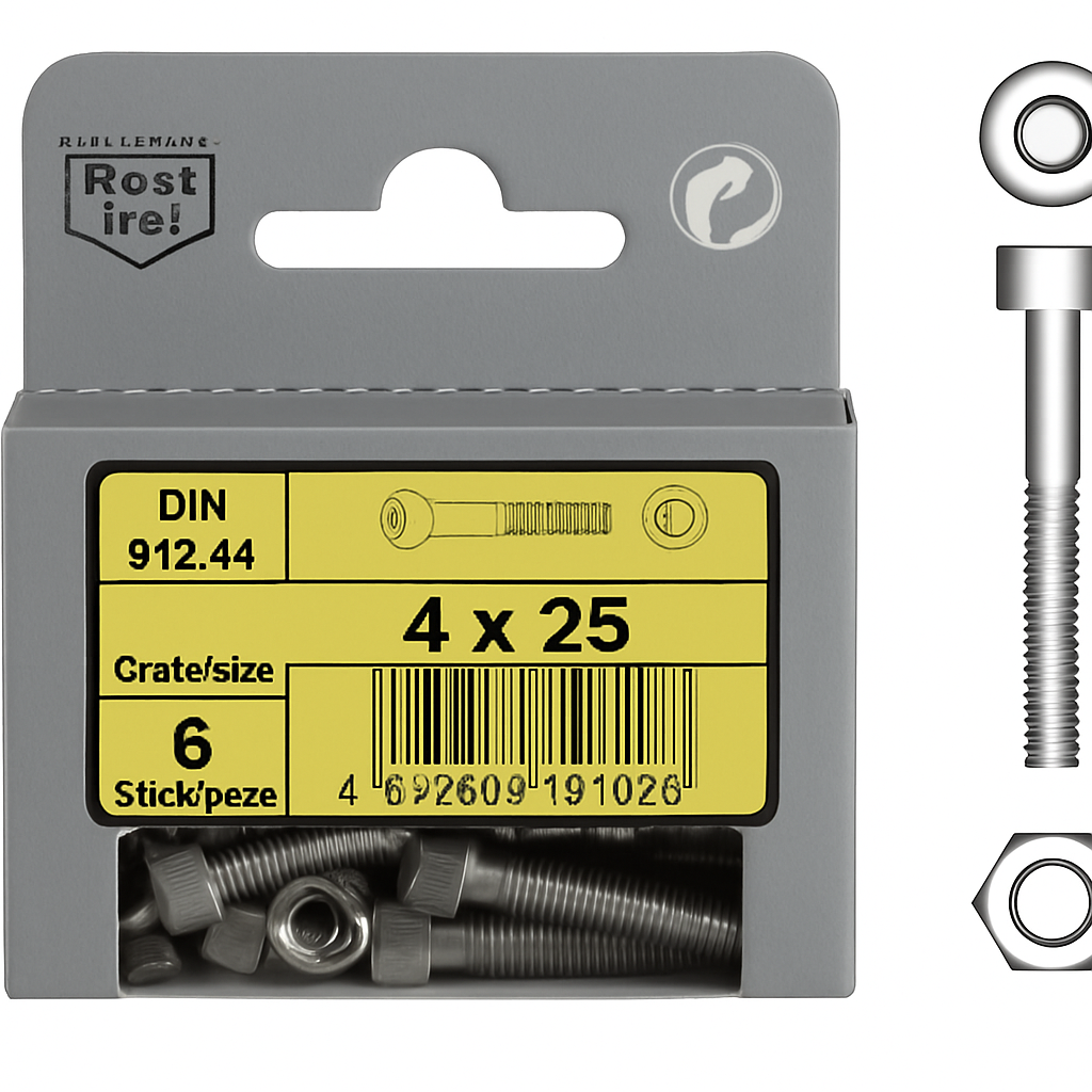Socket head bolts din 912 + nuts mm 4x25  pack 6 / pcs