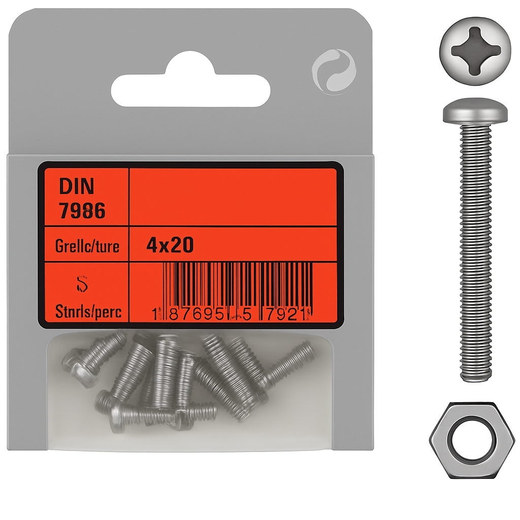 Pack Pan Head Screws Phillips A4 DIN 7985 4x20 with Nuts 8pz